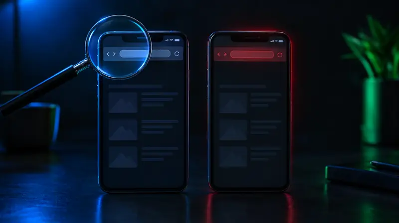 Dos celulares casi iguales y una lupa sobre la barra de dirección de uno
