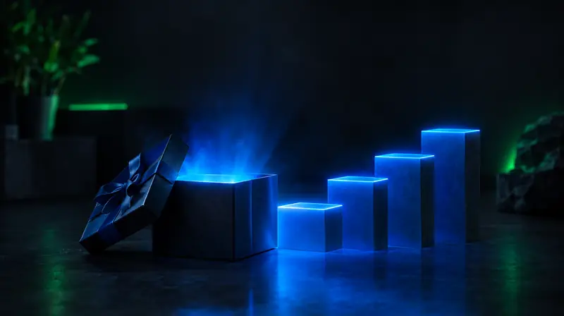 Caja de regalo abierta junto a cuatro escalones de luz que suben