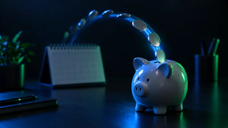 Monedas regresando en círculo a una alcancía con un calendario al fondo
