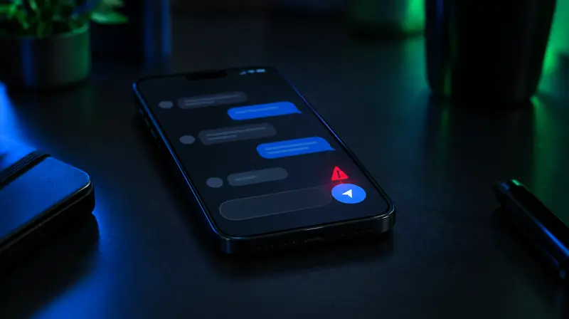 Celular con una app de mensajes y una señal de advertencia