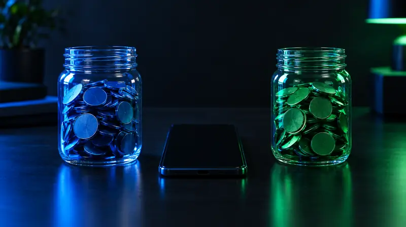 Dos frascos con monedas azules y verdes separados por un celular