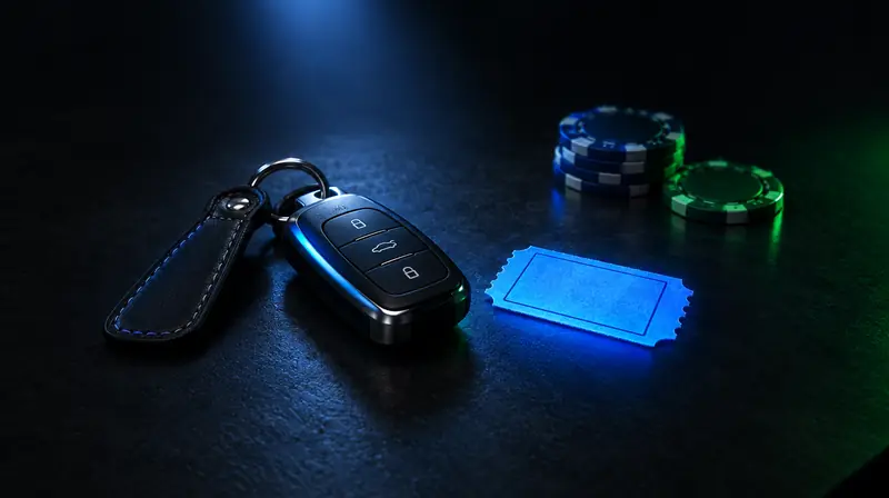 Llave de coche junto a un boleto de sorteo y fichas de casino