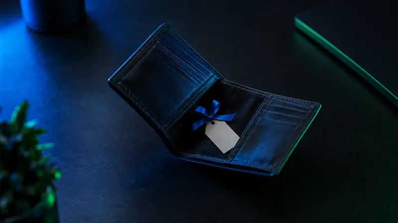 Cartera vacía con una etiqueta de regalo adentro