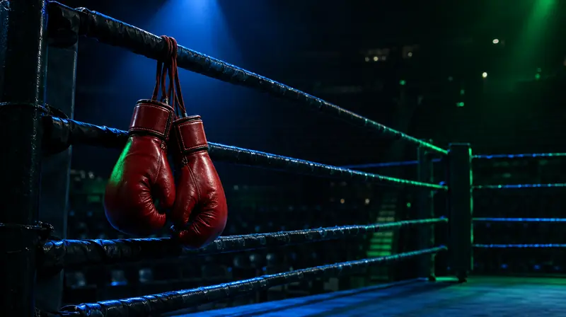 Guantes de box rojos colgados de las cuerdas de un ring vacío