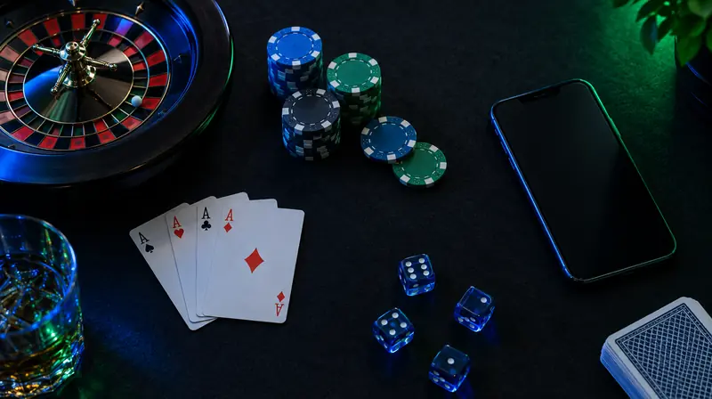 Ruleta, cartas, fichas, dados y un celular sobre paño oscuro