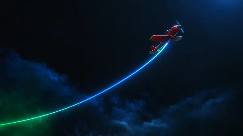 Avión rojo de juguete subiendo sobre una curva de luz
