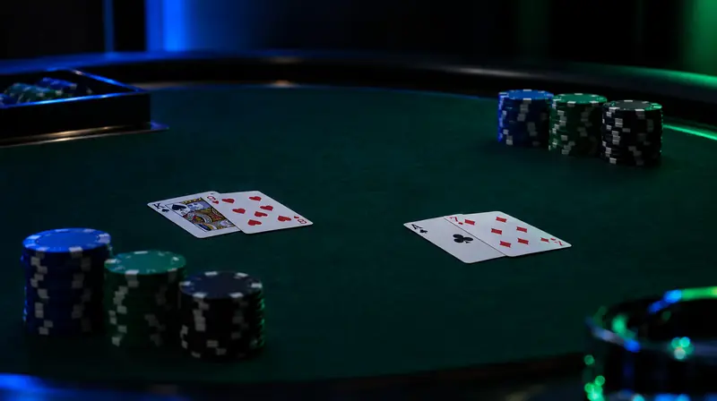 Mesa de baccarat con dos manos de cartas y fichas