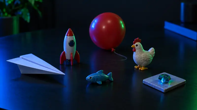 Avión de papel, cohete, globo, pollito, pez y una ficha con gema