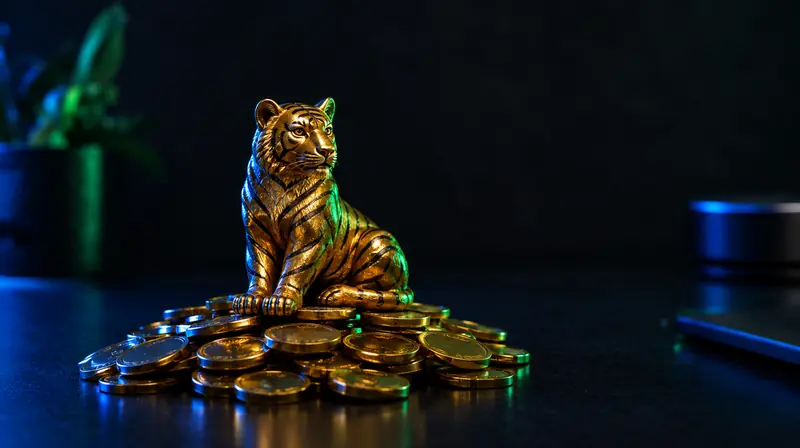 Figura de tigre dorado sobre monedas