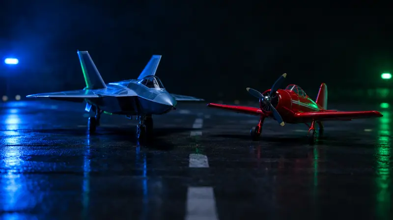 Jet de juguete junto a un avión de hélice en una pista