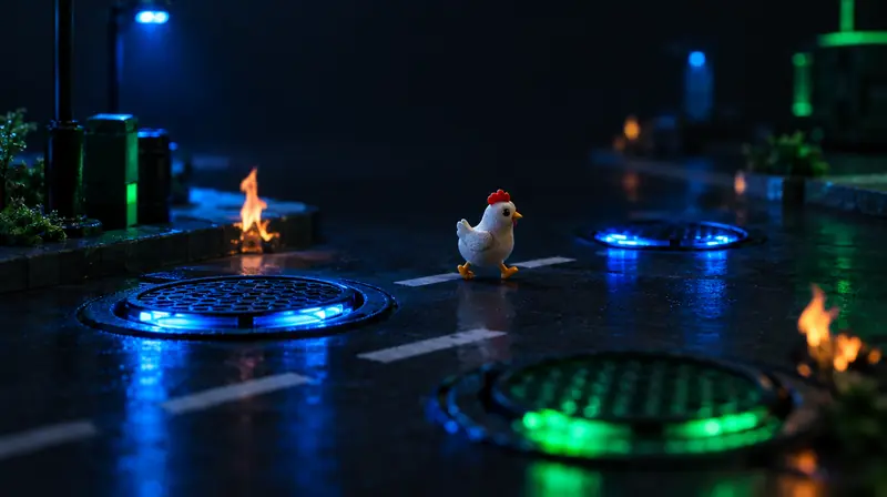Pollito de juguete cruzando una calle miniatura