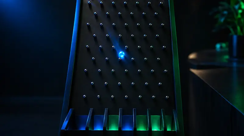 Tablero de plinko con una bola rebotando entre clavos