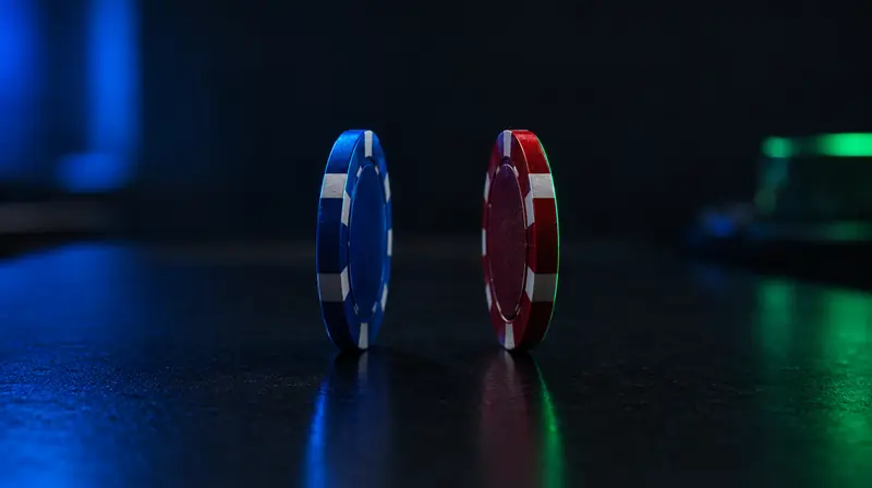 Dos fichas de casino de canto, una azul y otra roja