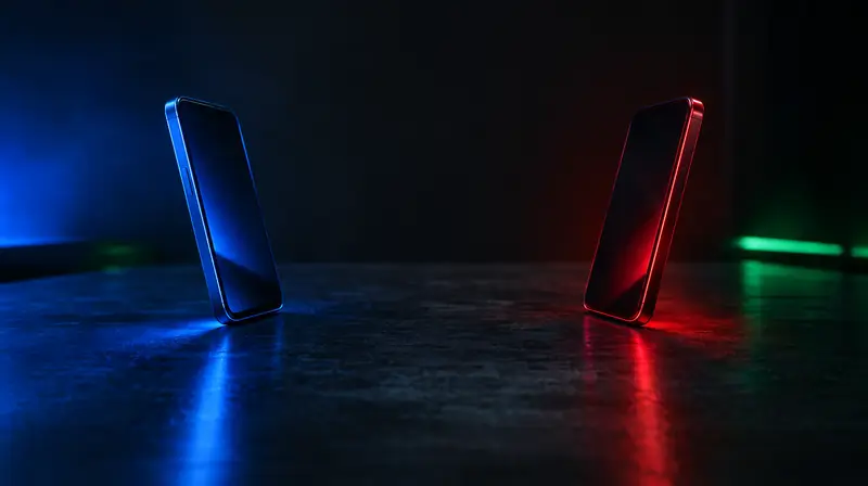 Dos celulares frente a frente, uno azul y otro rojo