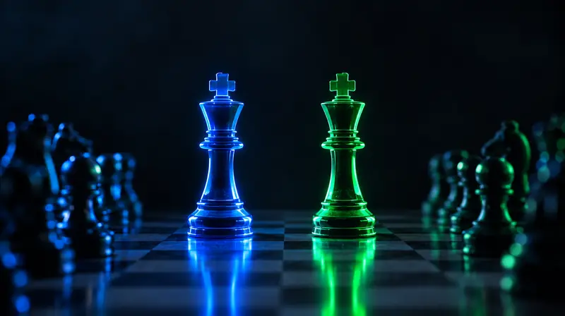 Dos reyes de ajedrez frente a frente, uno azul y otro verde