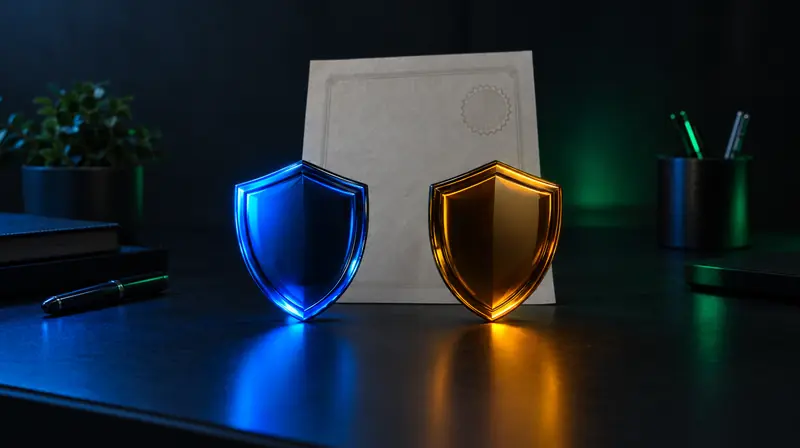 Dos escudos, uno azul y otro ámbar, junto a un documento sellado