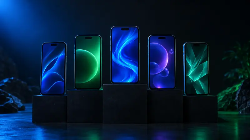 Cinco celulares en un podio con pantallas de distintos colores