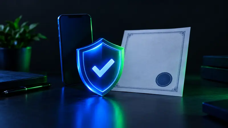 Escudo con palomita frente a un celular y un documento sellado