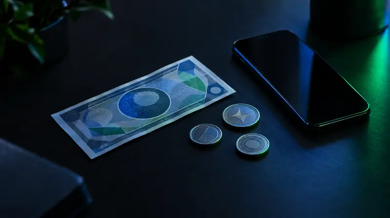 Un billete genérico y unas monedas junto a un celular