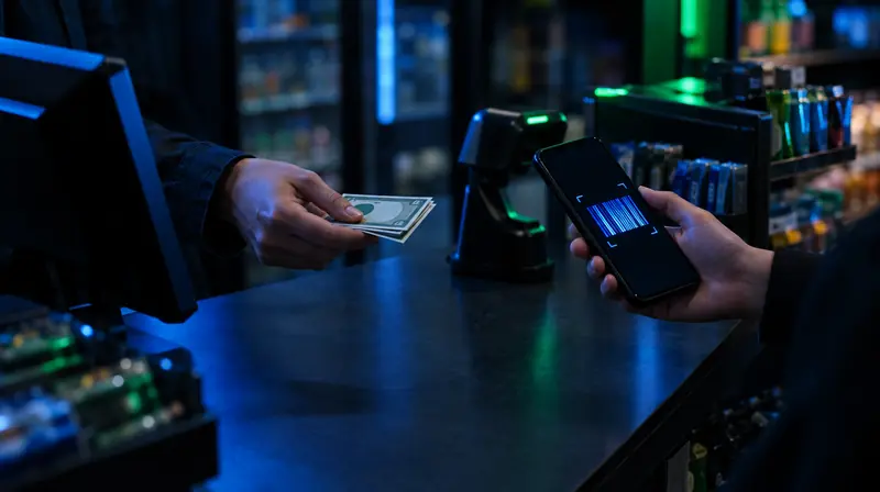 Pago en efectivo en un mostrador de tienda con un código en el celular