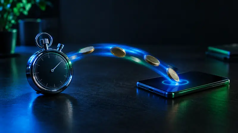 Cronómetro junto a un celular y monedas en movimiento