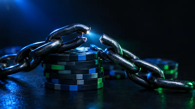 Cadena rota sobre una pila de fichas de casino