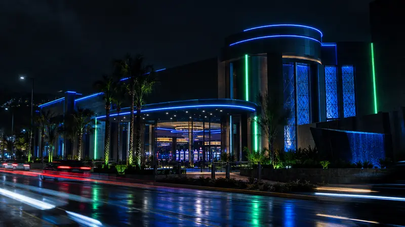 Fachada de un casino de noche con luces de neón