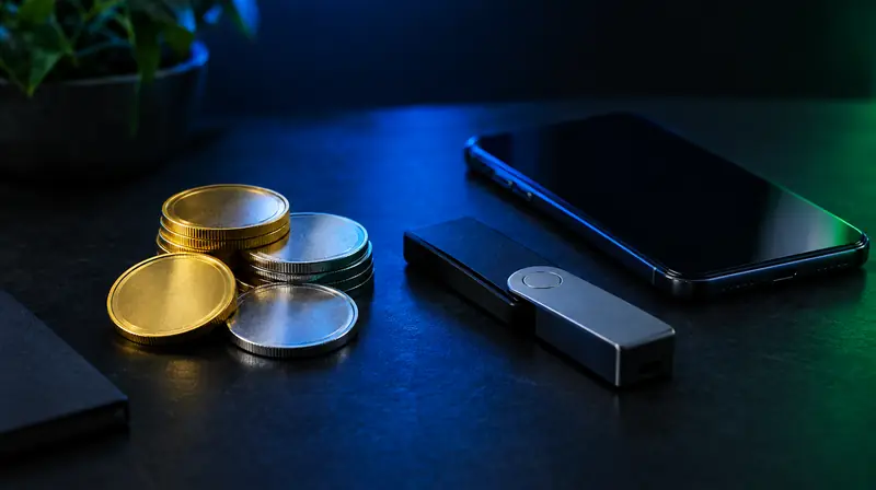Monedas de cripto genéricas junto a una cartera física y un celular