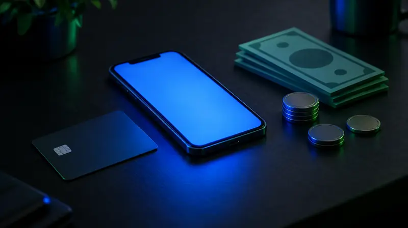 Celular, tarjeta y monedas sobre la mesa listos para depositar