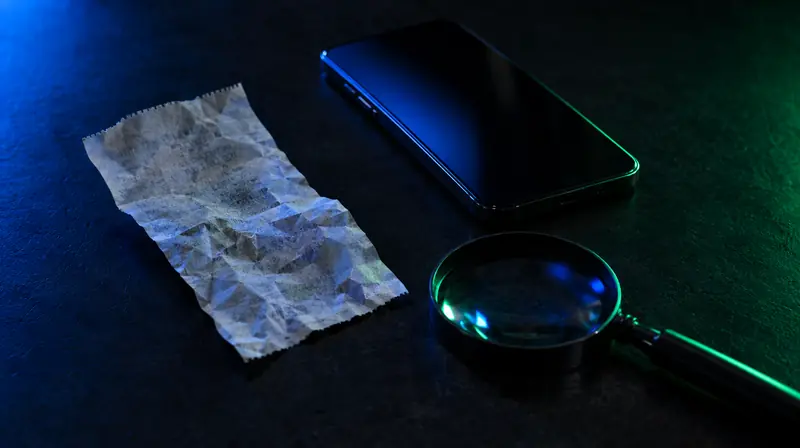 Recibo de pago arrugado junto a un celular y una lupa