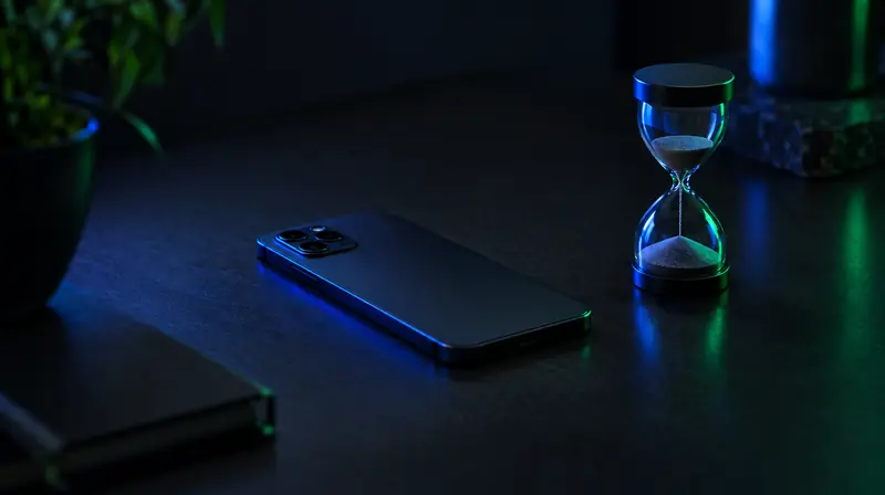 Celular boca abajo junto a un reloj de arena