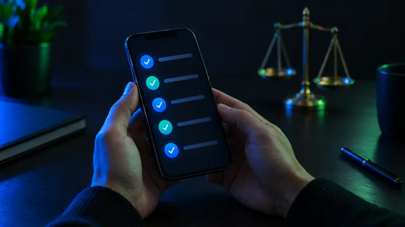Manos con un celular que muestra una lista de verificación y una balanza al fondo