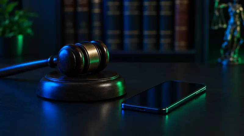 Mazo de juez junto a un celular sobre un escritorio con libros de leyes