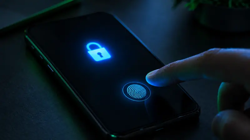 Celular con un candado en pantalla y un dedo sobre el sensor de huella
