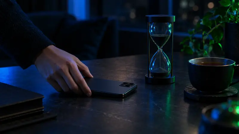 Mano dejando el celular boca abajo junto a un reloj de arena