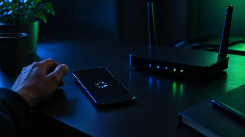 Celular con una pantalla de carga infinita junto a un módem con luces encendidas