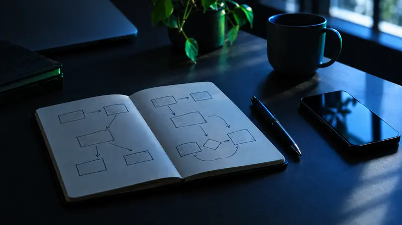 Cuaderno con pasos dibujados junto a un celular