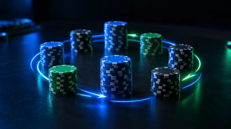 Fichas de casino en círculo con flechas de luz