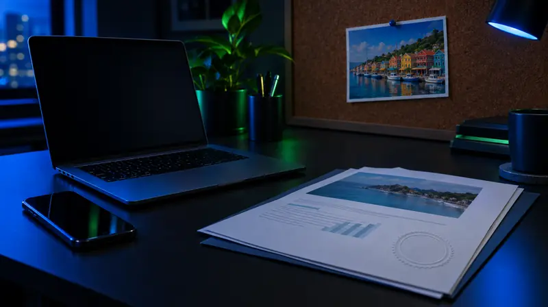 Escritorio con documentos de empresa y una postal de casas de colores del Caribe