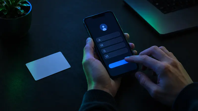 Manos llenando un registro en el celular con una identificación genérica en la mesa