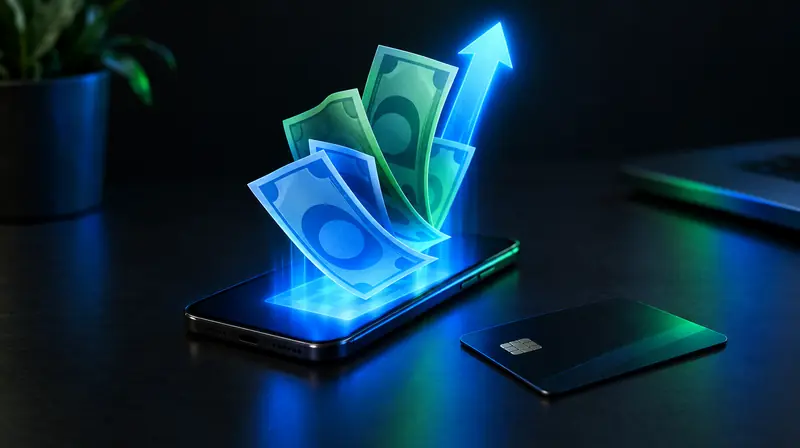 Billetes genéricos saliendo de un celular con una flecha hacia arriba