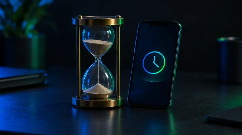 Reloj de arena junto a un celular con un ícono de reloj