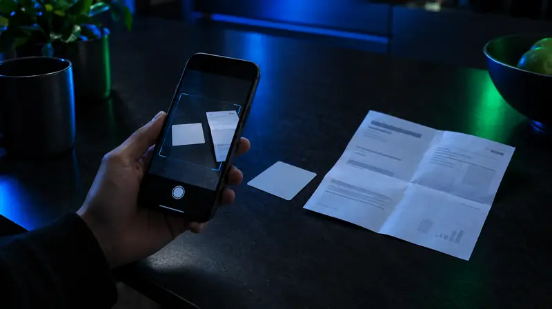 Celular escaneando una identificación genérica y un recibo doblado